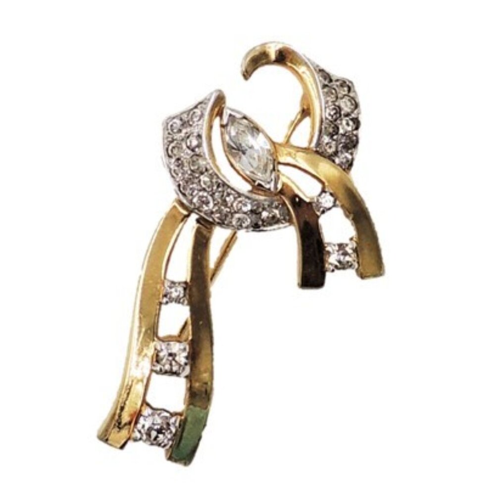 Vintage 1940s Signed Mazer Goldtone Clear Rhinestone Ribbon Brooch